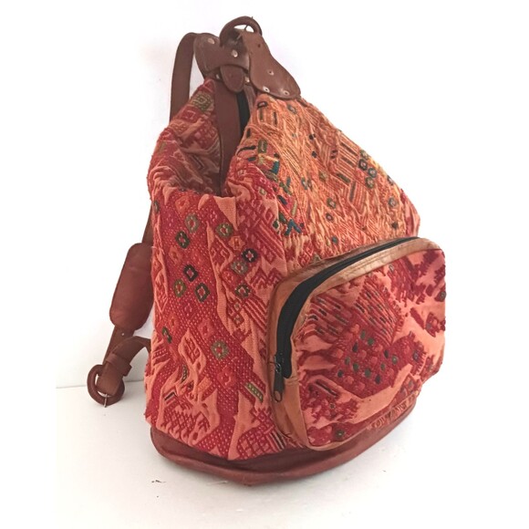 Handwoven Guatemalan Textile Lg Backpack Brown Leather Straps Hippie Boho main image 16